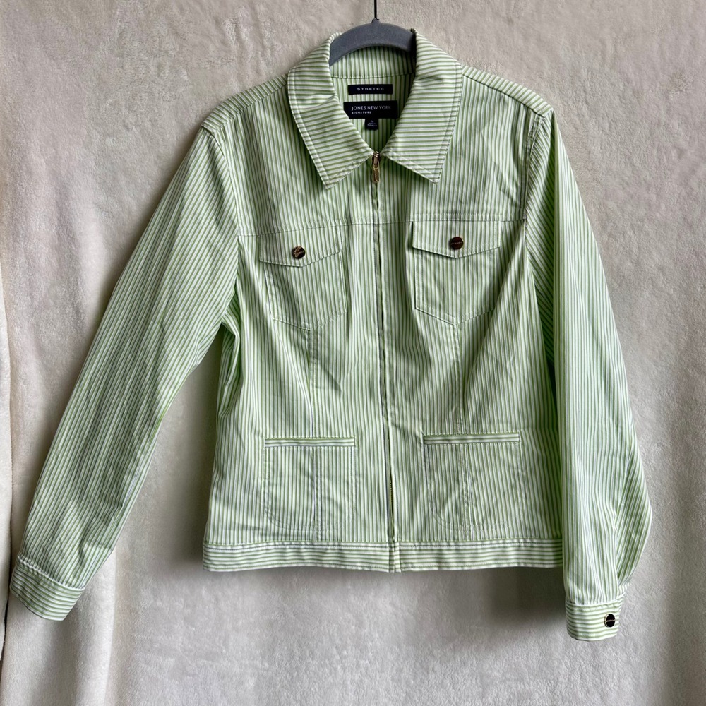 Jones New York Lime Green‎ White Striped Zip Seersucker Jacket M